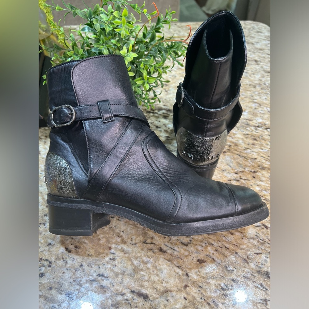 CHANEL Leather Black Moto Boots w/ Gunmetal Plate& CHANEL Inscription IT 37